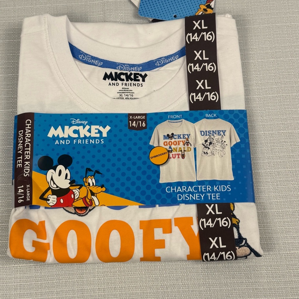 Disney Mickey and Friends Kids Graphic Tee White XL 14/16 Embroidered Characters